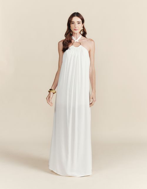 Vestido Longo Frente Única Detalhe Metal - Branco