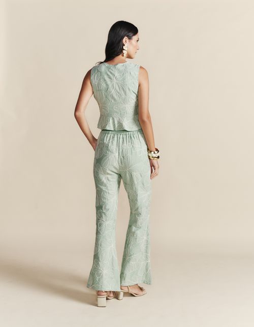 Conjunto Colete e Calça Bordada Flores - Verde