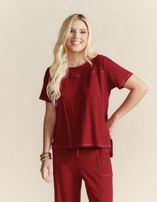 Blusa Manga Curta Pesponto Contrastante - Vermelho