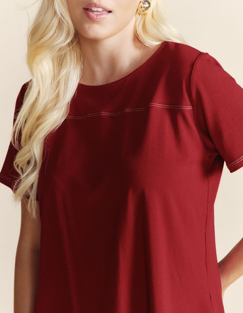 Blusa Manga Curta Pesponto Contrastante - Vermelho