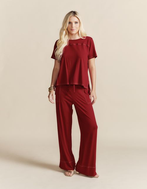Calça Pantalona Pesponto Contrastante - Vermelho