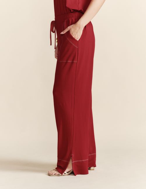 Calça Pantalona Pesponto Contrastante - Vermelho