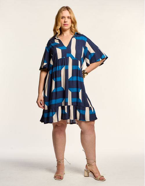 Vestido Curto Estampado Geo Blue - Azul Marinho