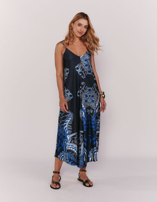 Vestido Midi Estampado Barrado Azul - Areia