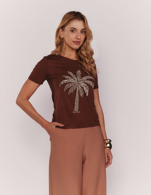 Blusa Manga Curta Bordado Coqueiro - Marrom