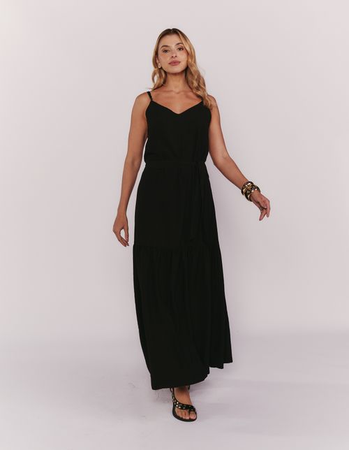 Vestido Longo Alças Finas Marias - Preto