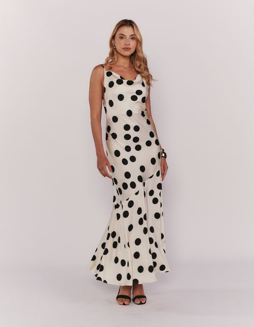 Vestido Longo Assimétrico Estampado Poá - Off White