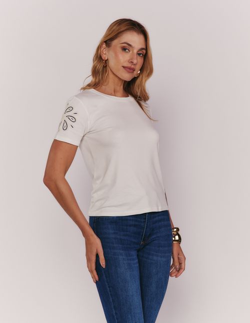 Blusa Marga Curta Bordado Floral - Branco