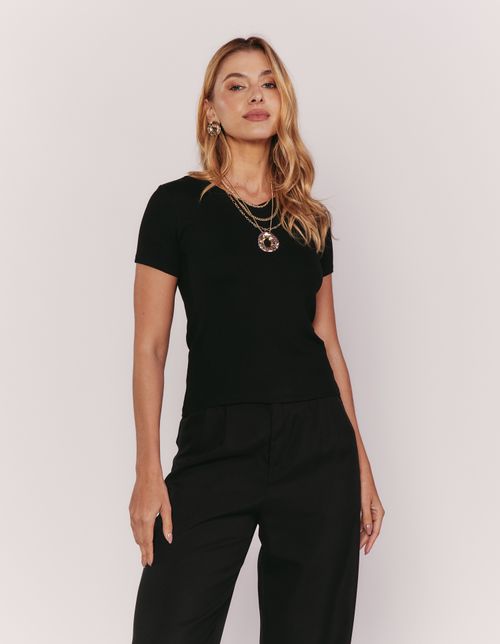 Blusa Canelada Decote v - Preto