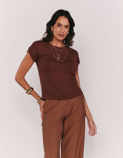 Blusa Canelada Decote Redondo - Marrom
