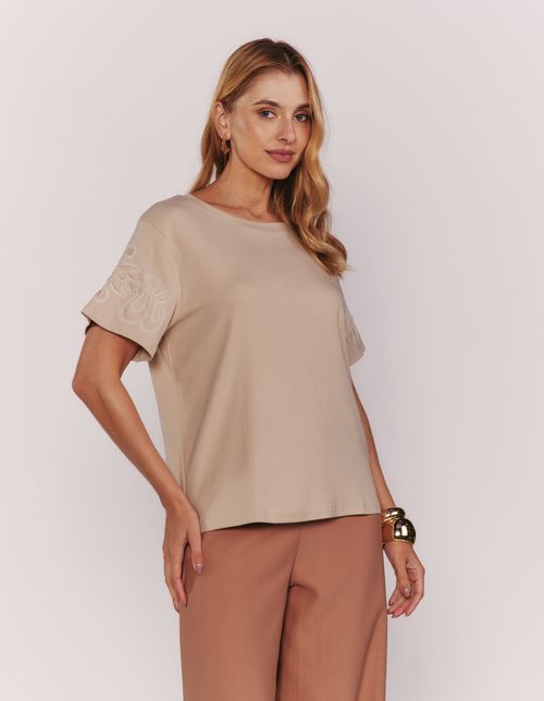 T-Shirt Detalhe Bordado Lurex - Bege