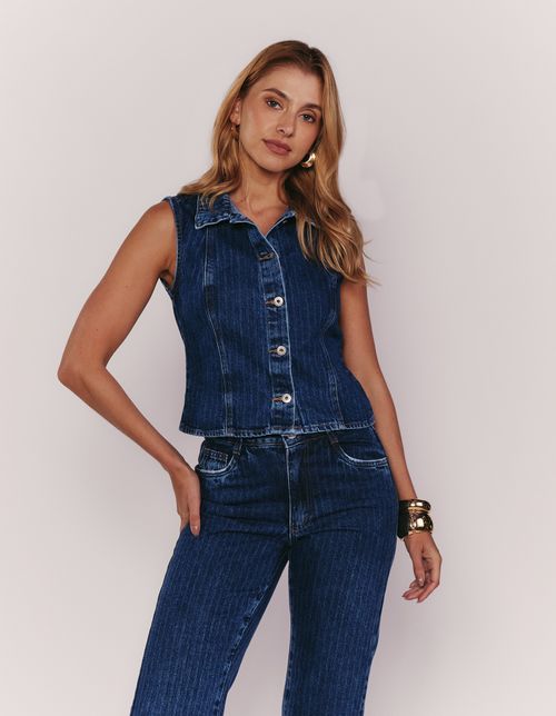 Colete Jeans Risca de Giz - Denim Escuro