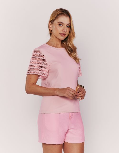 Blusa Manga Curta Detalhe Crochê - Rosa