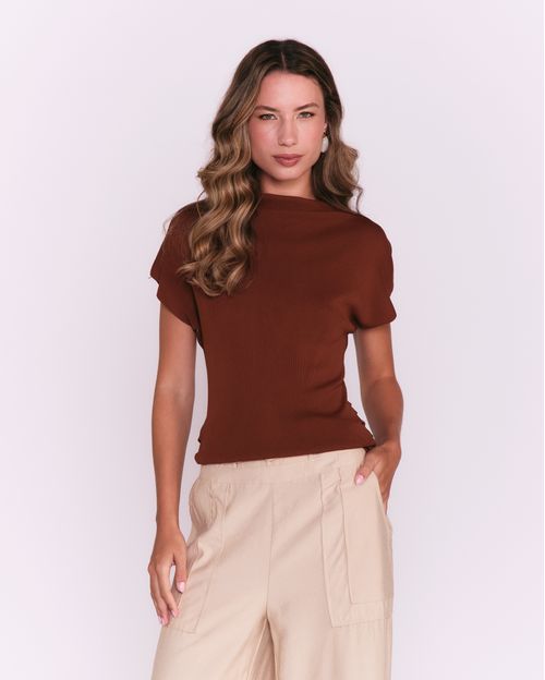 Blusa Manga Curta Canelada - Marrom
