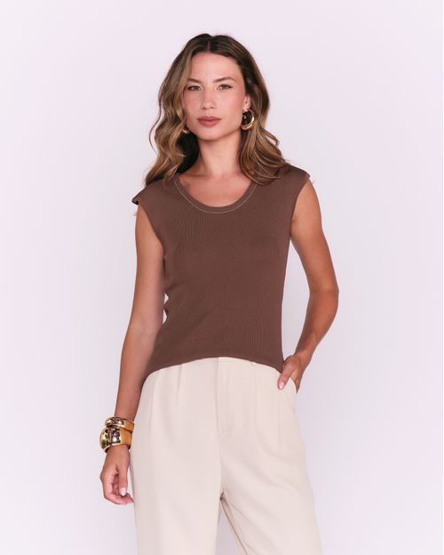 Blusa Tricot Decote Canoa - Marrom Claro