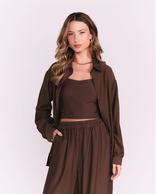 Top + Camisa Manga Longa Botões - Marrom Escuro