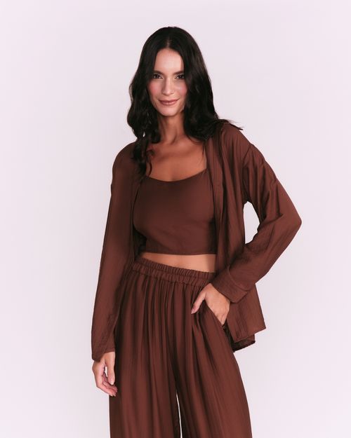 Top + Camisa Manga Longa Botões - Marrom Claro