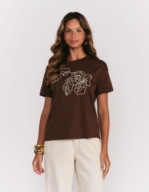 Blusa Manga Curta Flores Cordone - Marrom