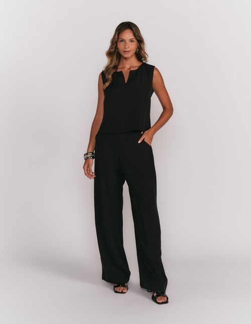 Calça Pantalona Botão Lateral - Preto
