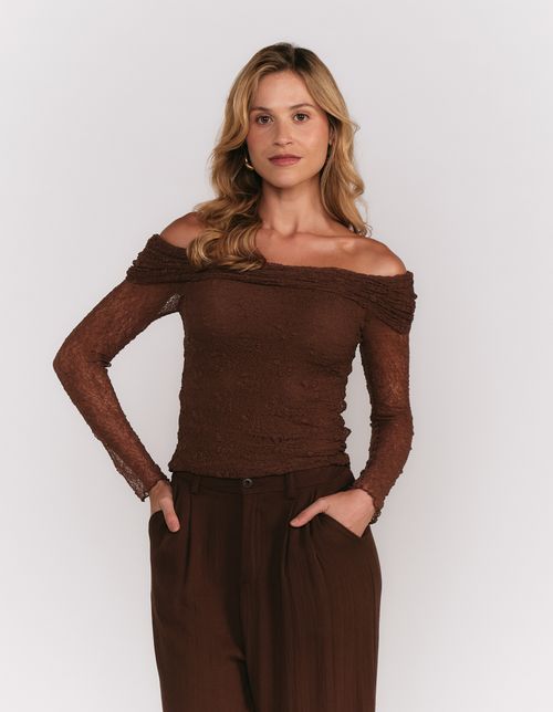Blusa Manga Longa Renda Ombro a Ombro - Marrom