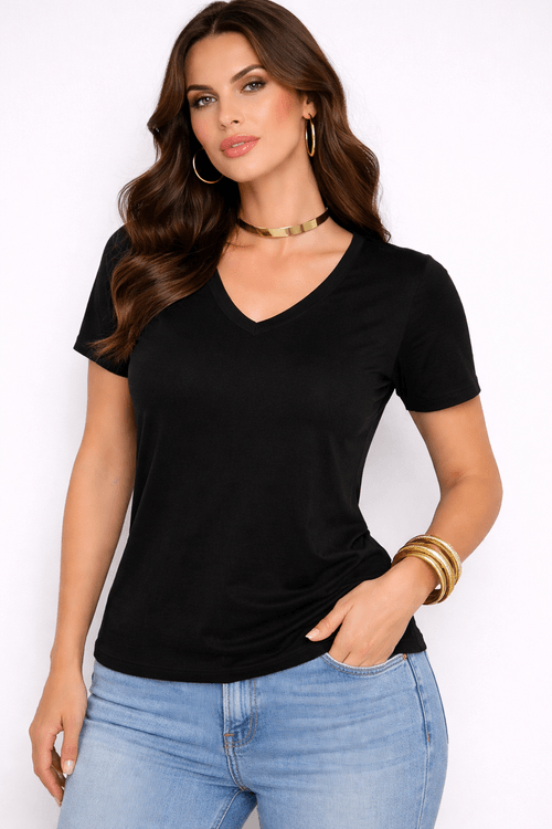 Blusa Básica Algodão Peruano Decote v - Preto