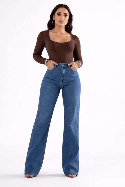 Calca Jeans Wide Leg Cintura Alta - Denim Escuro