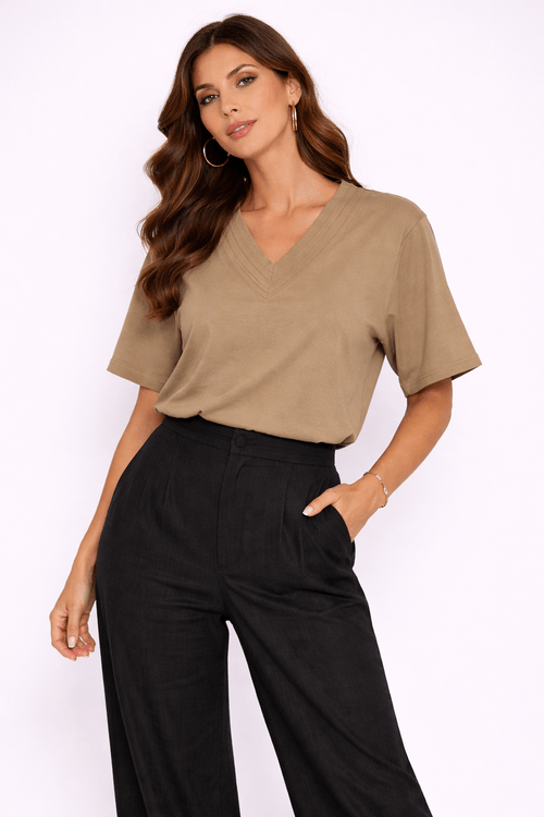 Blusa Manga Curta Gola v Pesponto - Caqui