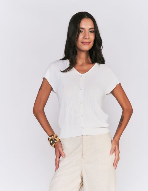 Blusa Tricot Manga Curta Com Botões - Branco