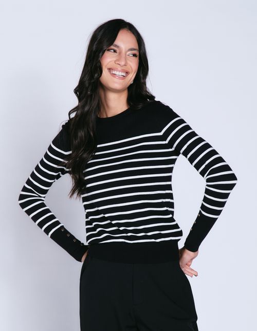 Blusa Manga Longa Tricot Listras - Preto C/ Branco