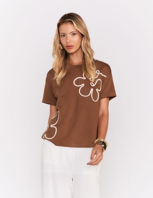 Blusa Manga Curta Bordado Flor Dupla - Marrom