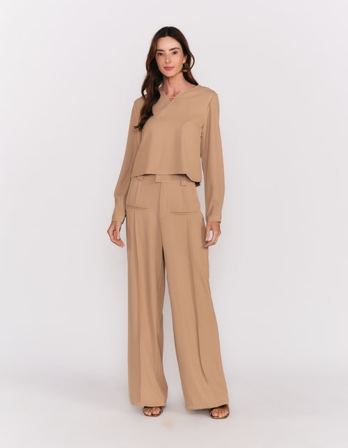 Calça Pantalona Detalhe Bolso - Bege