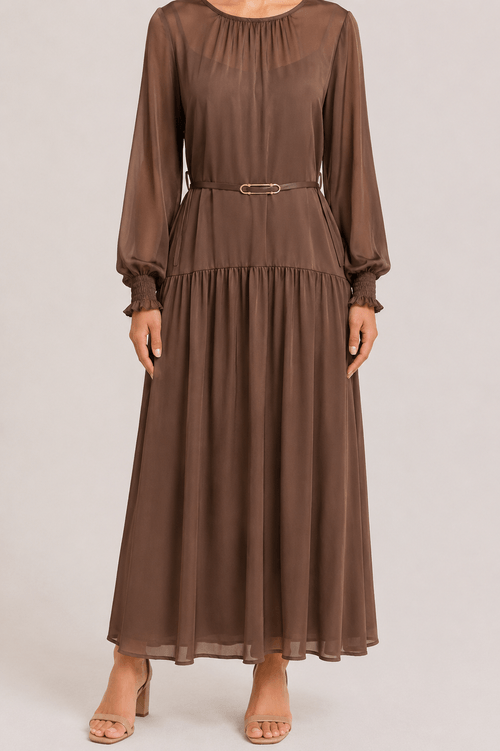 Vestido Longo Manga Transparência - Marrom