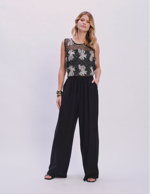 Calça Pantalona Cós Elástico - Preto