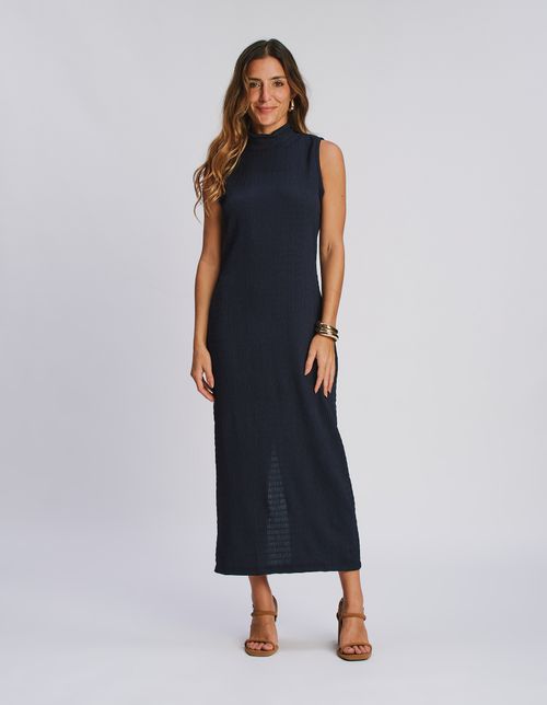 Vestido Midi Sem Manga Gola Alta - Azul Marinho