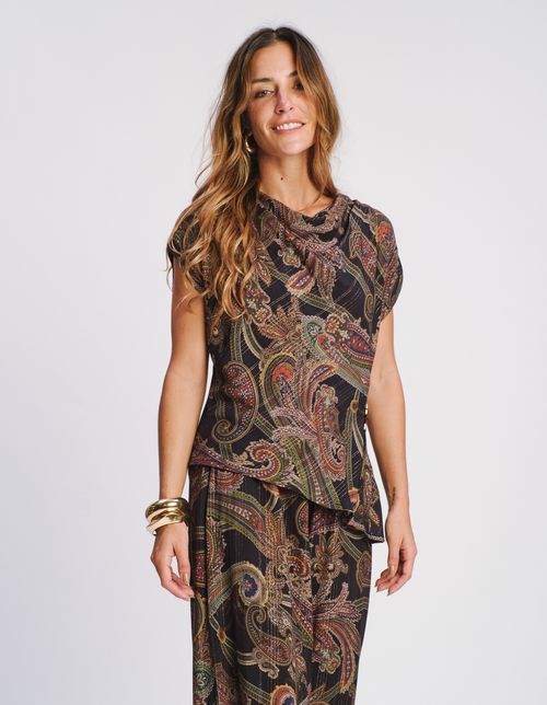 Blusa Degagê Estampada Paisley Lurex - Azul Marinho