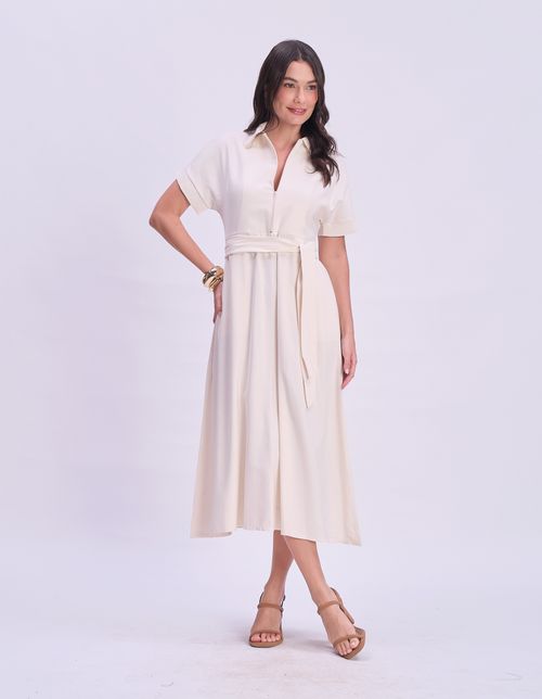 Vestido Midi Detalhe Gola - Areia