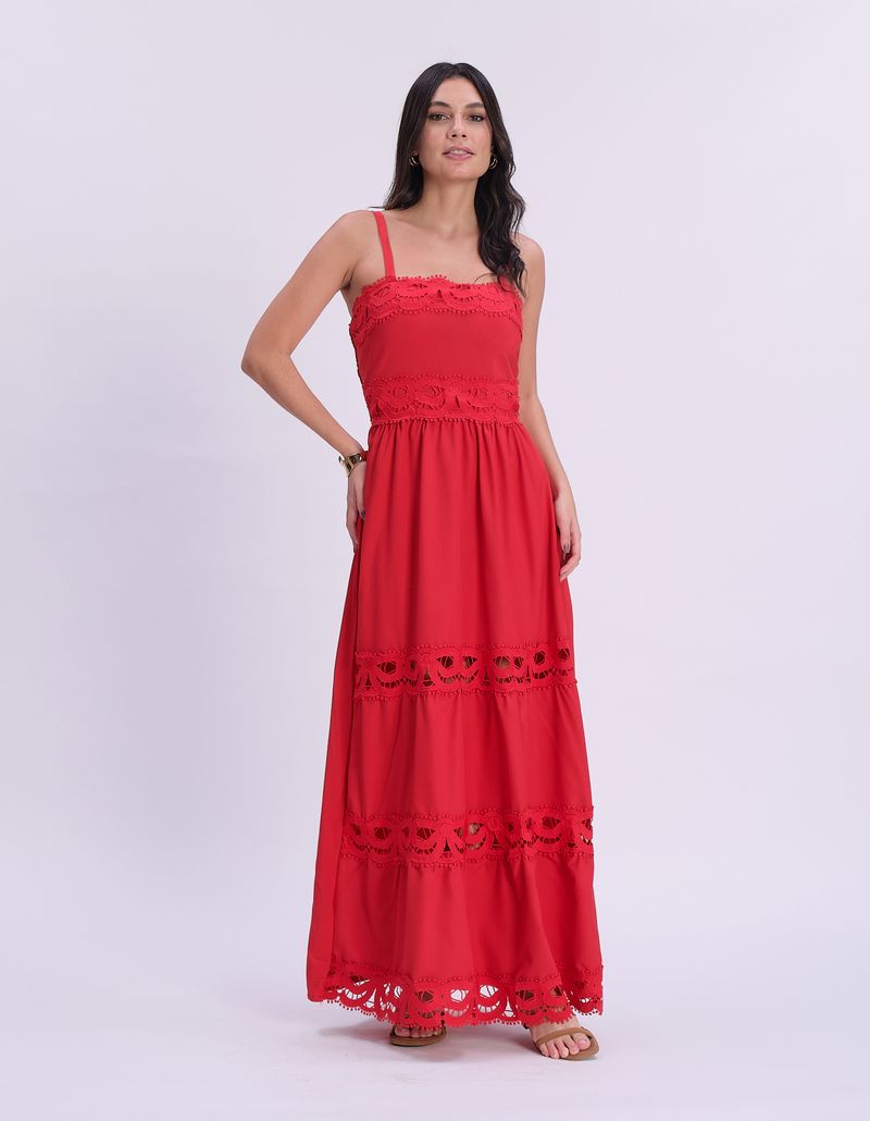 Vestido Longo Detalhe Renda Entremeio - Vermelho