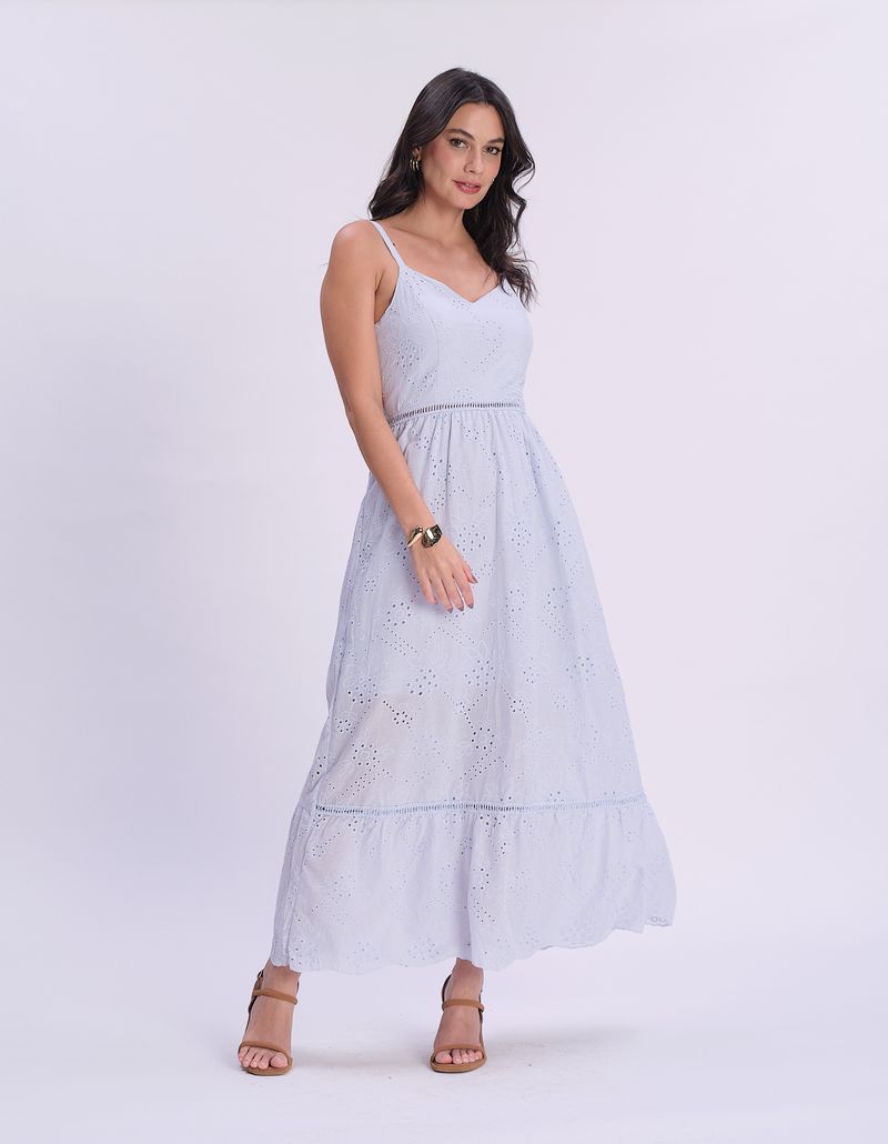 Vestido Longo Laise Ponto Palito - Azul Claro
