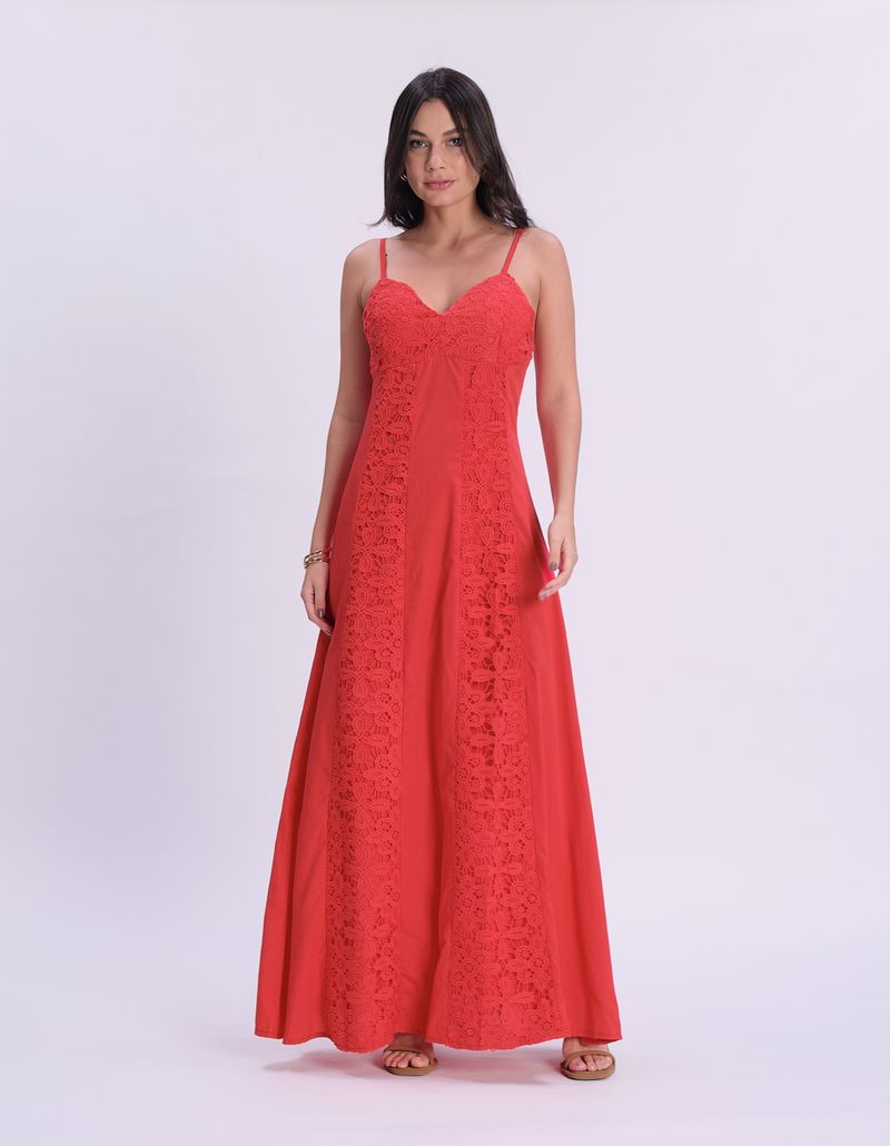 Vestido Longo Recortes em Renda - Vermelho