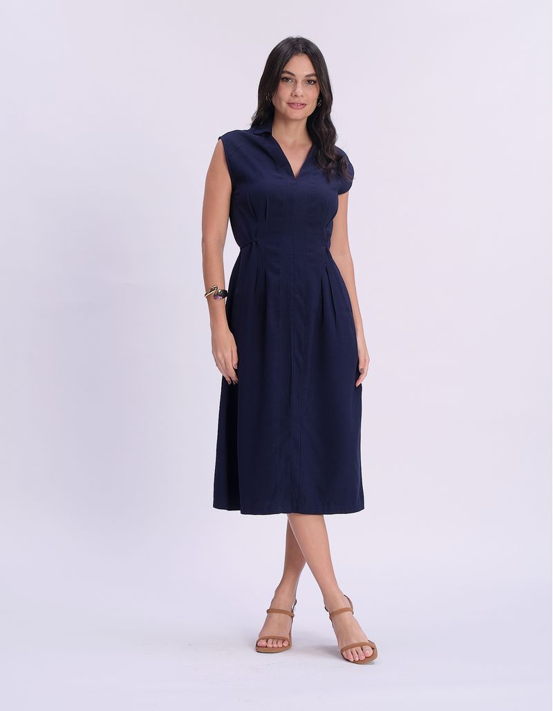 Vestido Midi Pregas Cintura Amarração - Azul Marinho