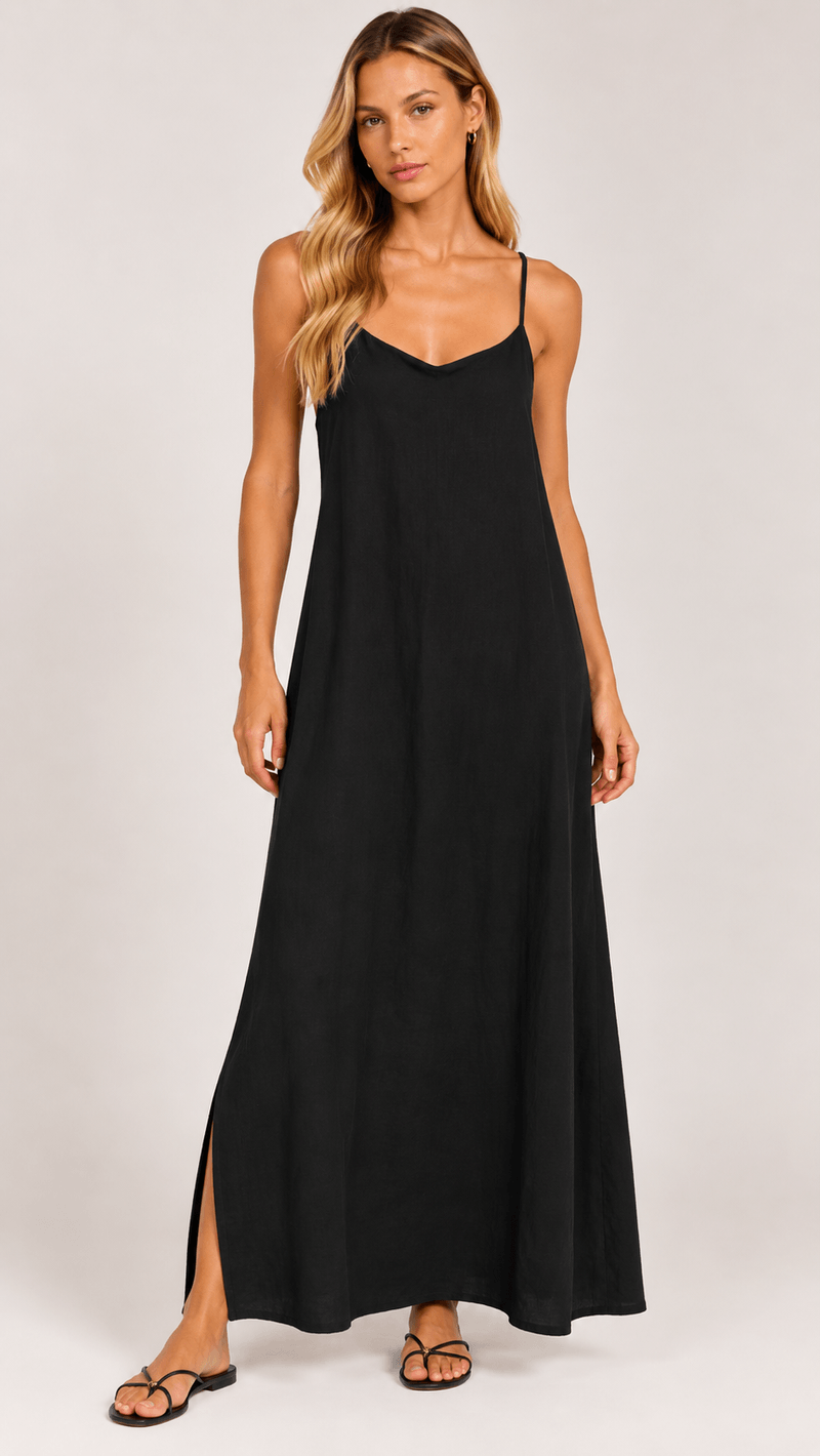 Vestido Longo Linho Alça Fina - Preto